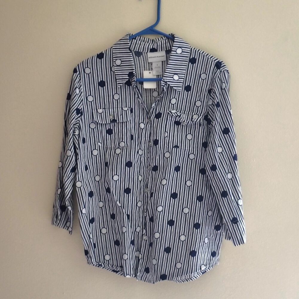 Alfred Dunner Women's Blue & White Stripe Polka Dot Button Down Blouse Sz Small - Picture 1 of 5